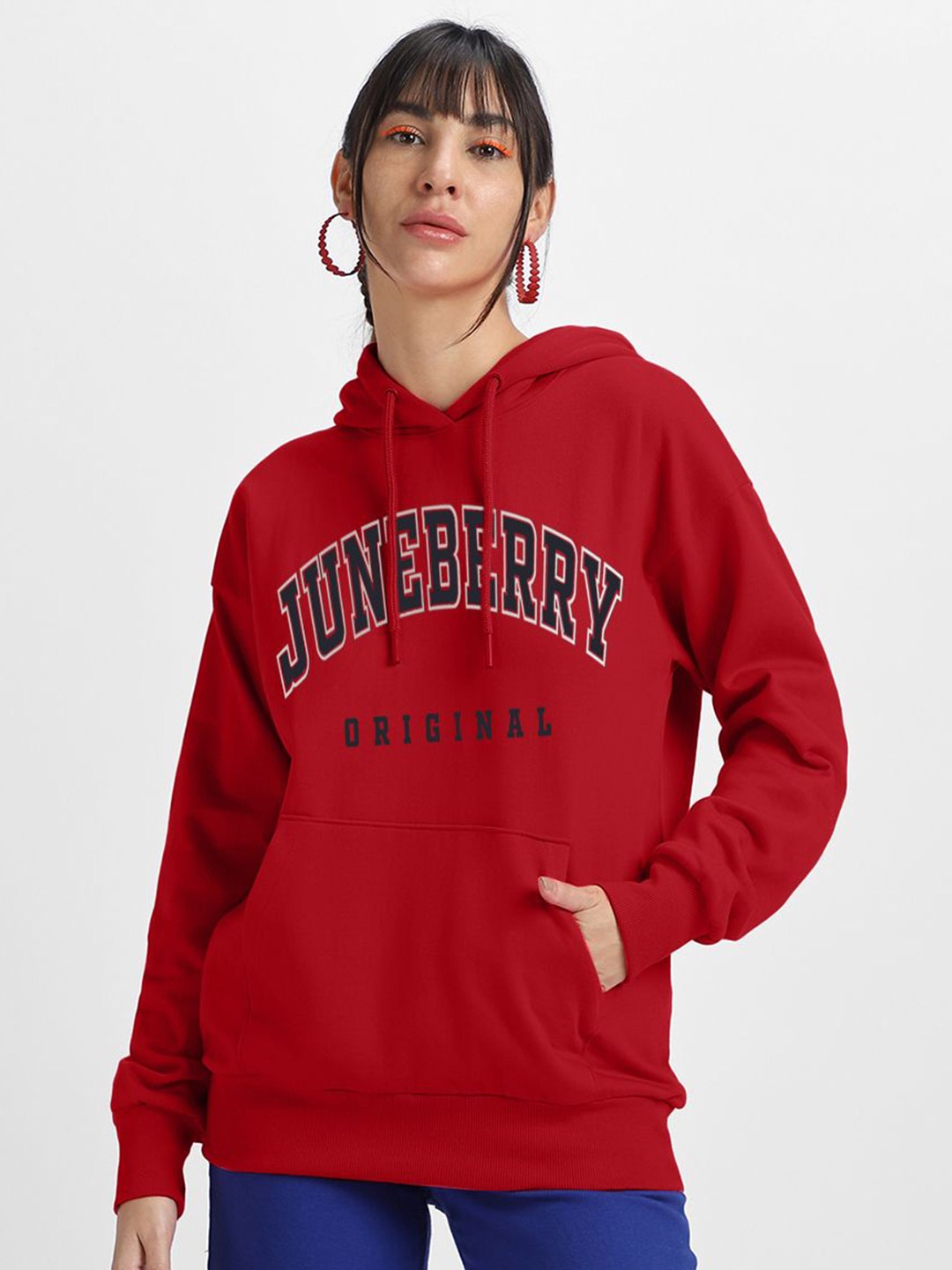 

JUNEBERRY Women Printed Oversized Hooded Fleece Sweatshirt, Red