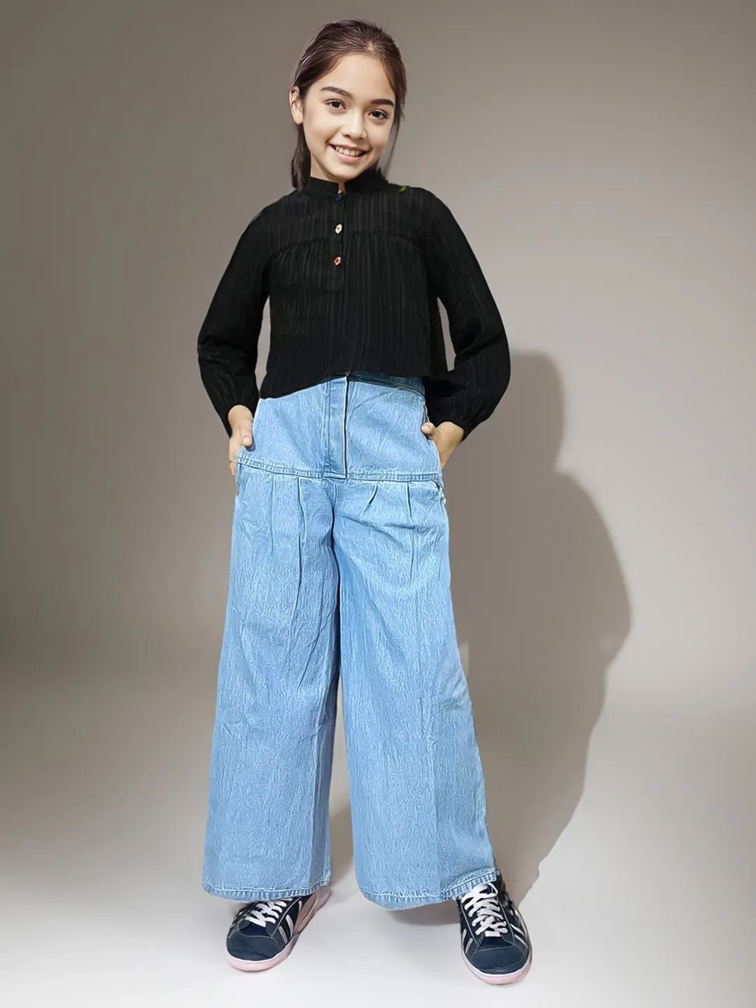 Naughty Ninos Girls Mandarin Collar Long Sleeves Top With Trouser, Black