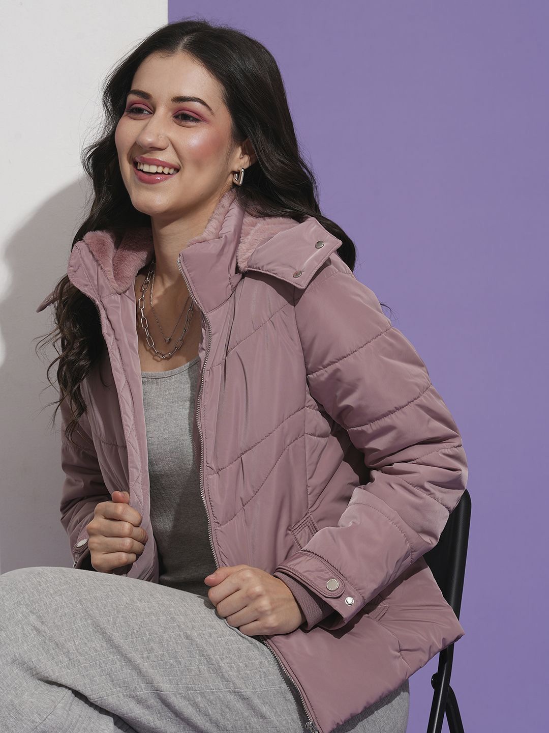 

Globus Women Hooded Solid Casual Parka Jacket, Mauve