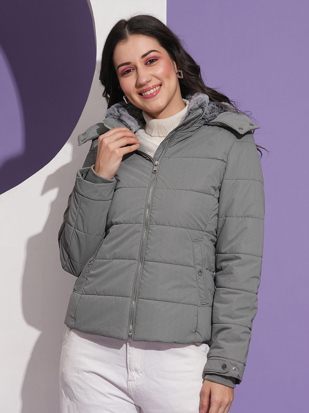 

Globus Mock Neck Front Pockets Winter Wear Insulator Puffer Jacket With Detachable Hood, Grey