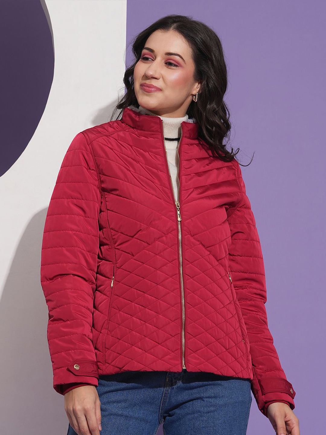 

Globus Mock Neck Front Pockets Winter Wear Insulator Puffer Jacket, Red