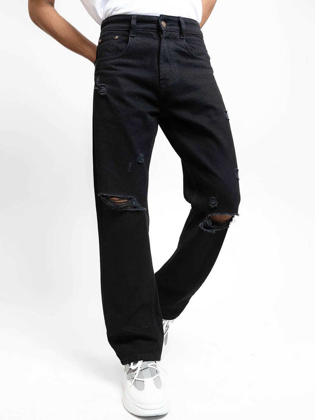 

FIBONACCI Men Midnight Black Distressed Baggy Jeans