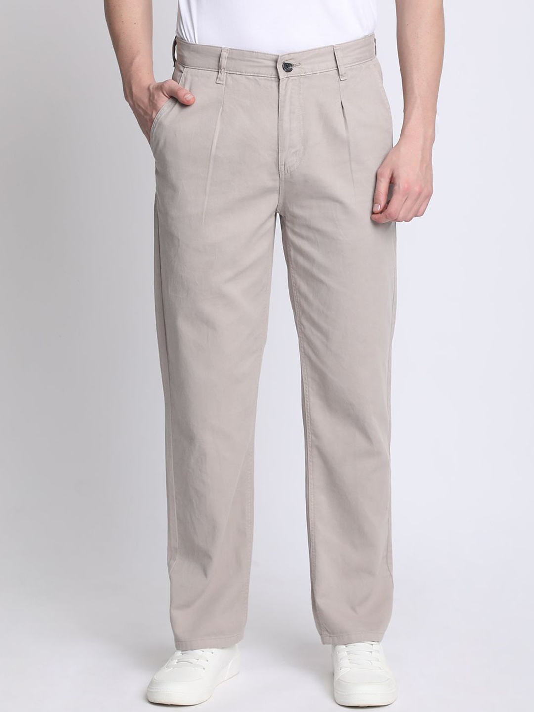 

IVOC Men Straight Fit Pleated Mid-Rise Chinos Trousers, Grey