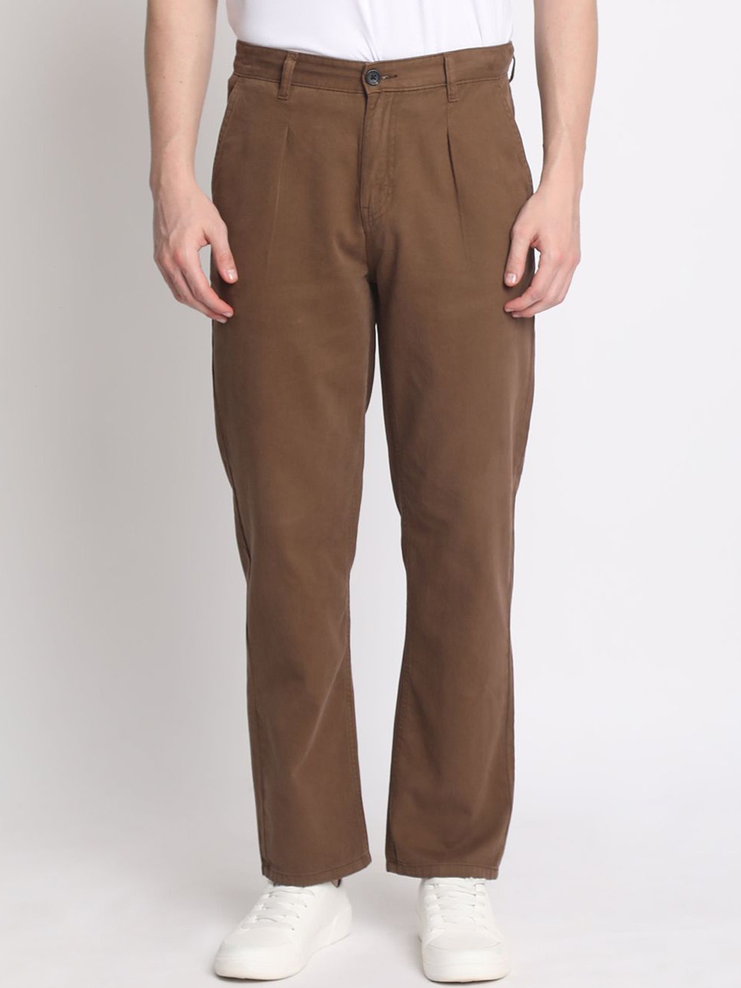 

IVOC Men Cotton Straight Fit Pleated Chinos Trouser, Brown