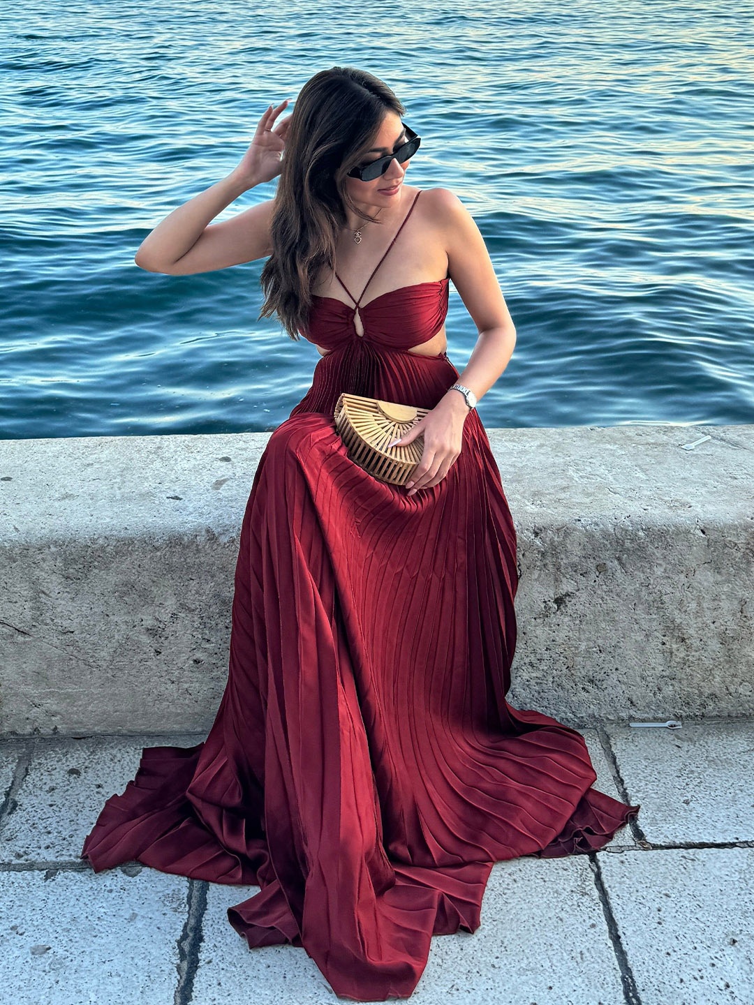 

Alamode By Akanksha Women Maroon Hay Luxe Pleated Flowy Maxi Dress