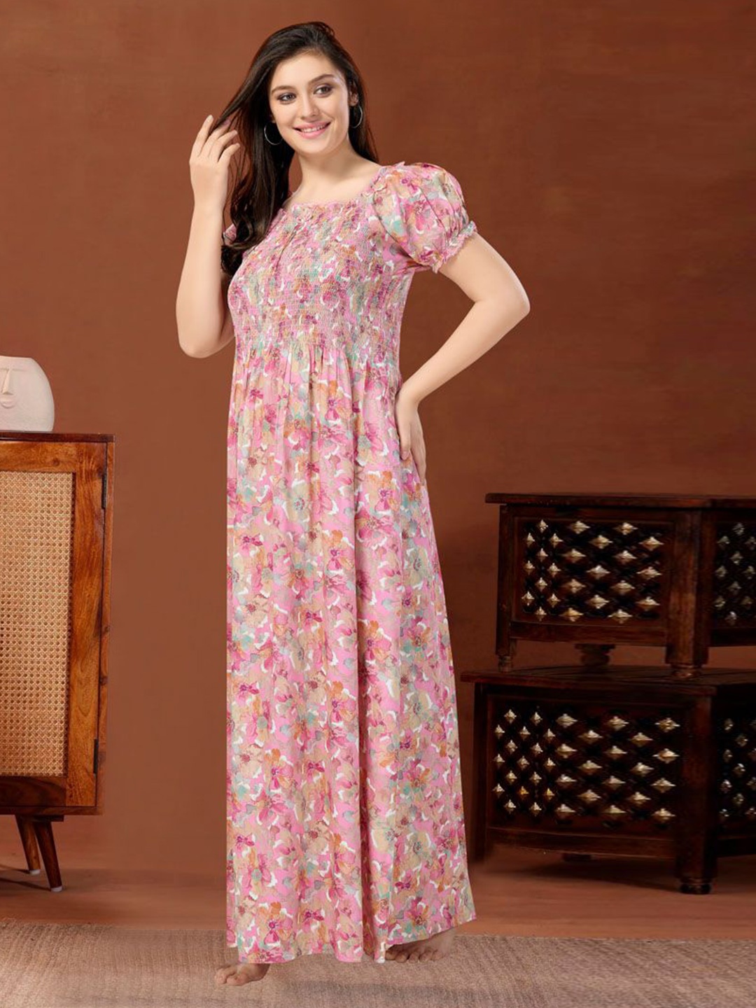 

Soulemo Women Printed Maxi Nightdress, Pink