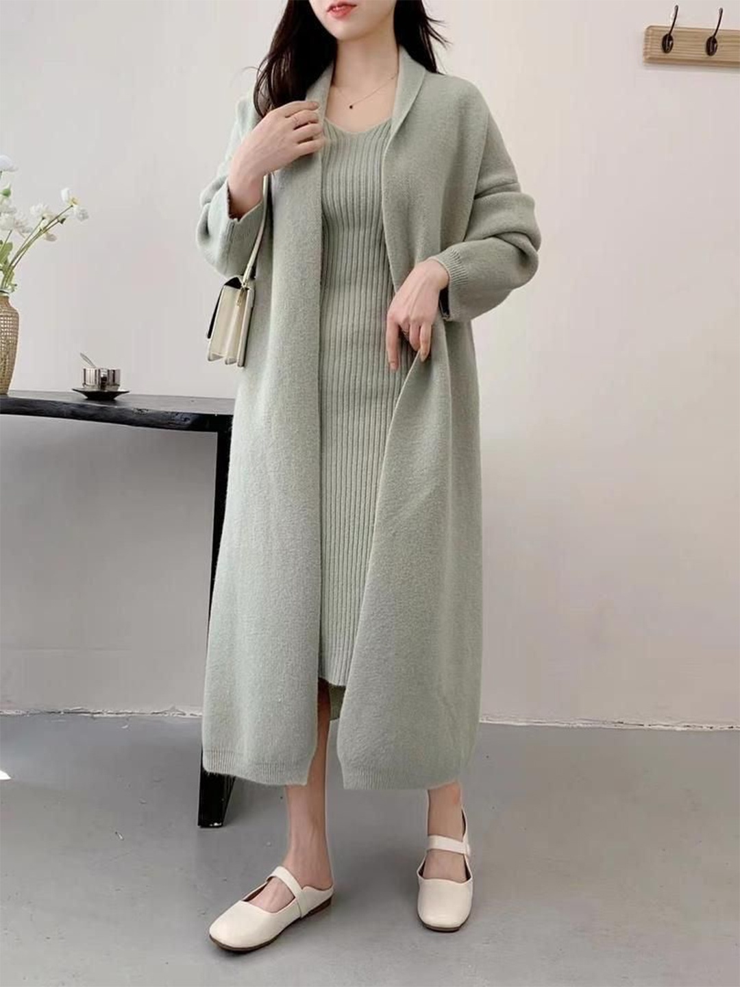 Alamode By Akanksha Women Green Manie Bodycon Dress with Woolen Coat