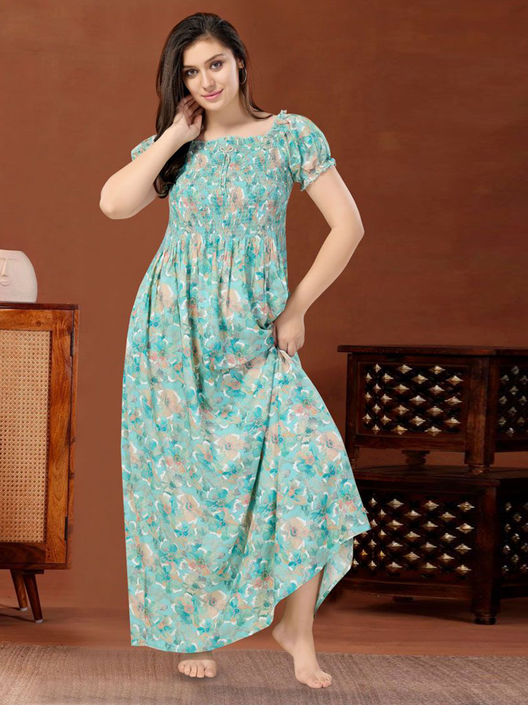 

Soulemo Women Floral Printed Maxi Nightdress, Blue