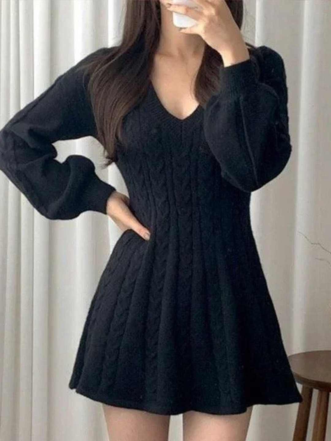 

Alamode By Akanksha Women Black Taron Knitted A- Line Dress