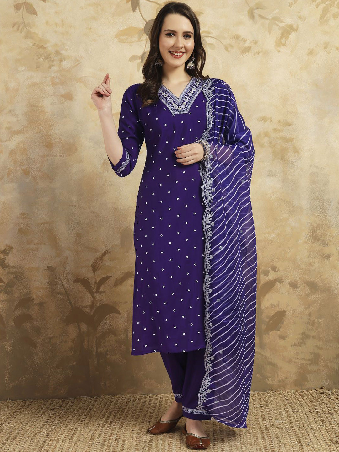 

KALINI Bandhani Printed Thread Work Chanderi Silk Straight Kurta With Trousers & Dupatta, Purple