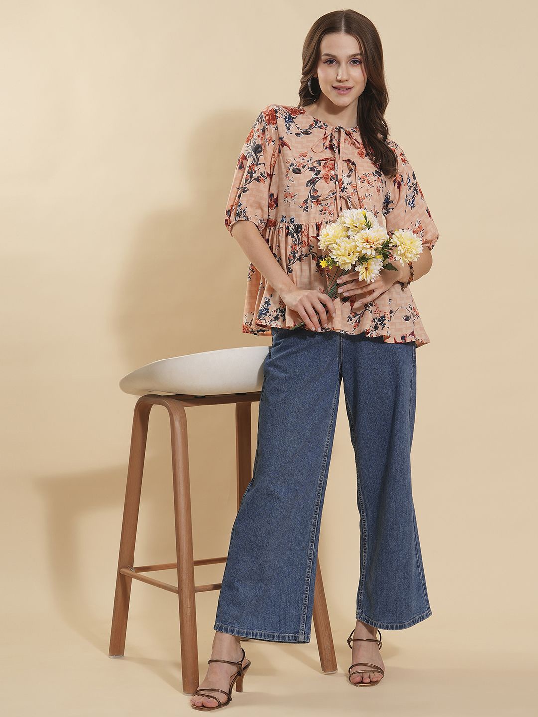 

Fashfun Women Floral Printed Tie-Up Neck Shirt Style Top, Peach