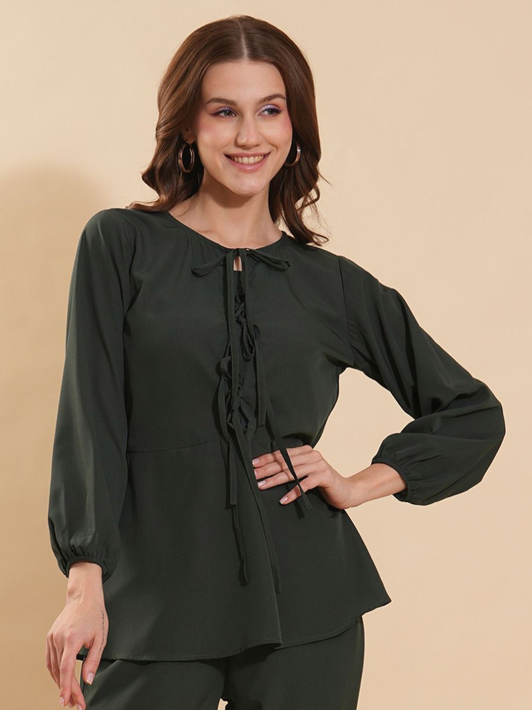 

Fashfun Women Bishop Sleeves Peplum Top, Teal
