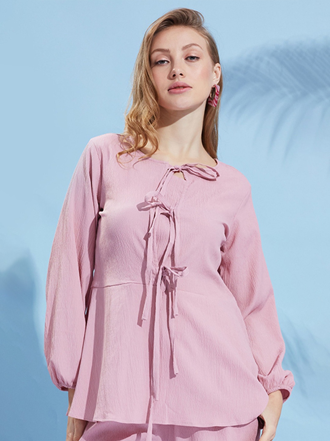 

Fashfun Women Bishop Sleeves Crepe Peplum Top, Pink