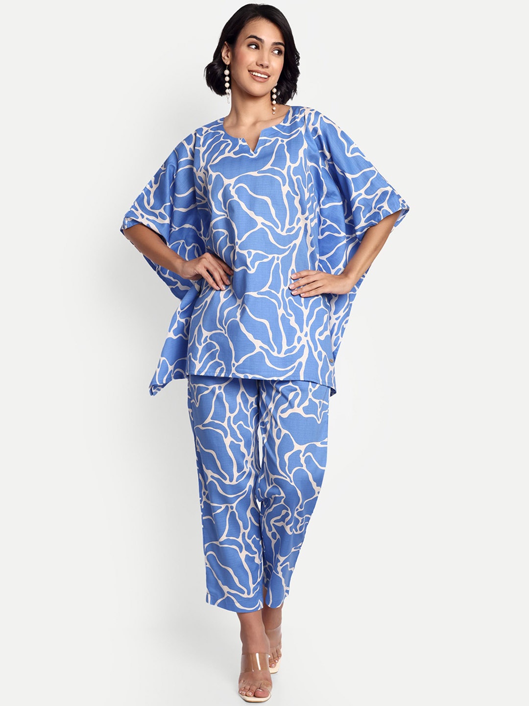 

GAB Printed Round Neck Short Sleeves Pure Cotton Top With Trouser, Blue