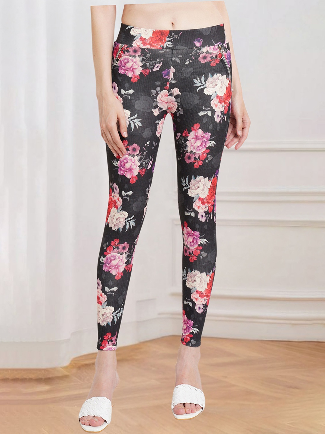 Popwings Women Skinny Fit Printed Jeggings with Zip Pocket, Black