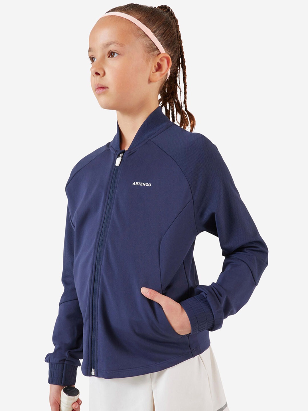 

Artengo By Decathlon Girls Stand Collar Solid Sporty Jacket, Navy blue