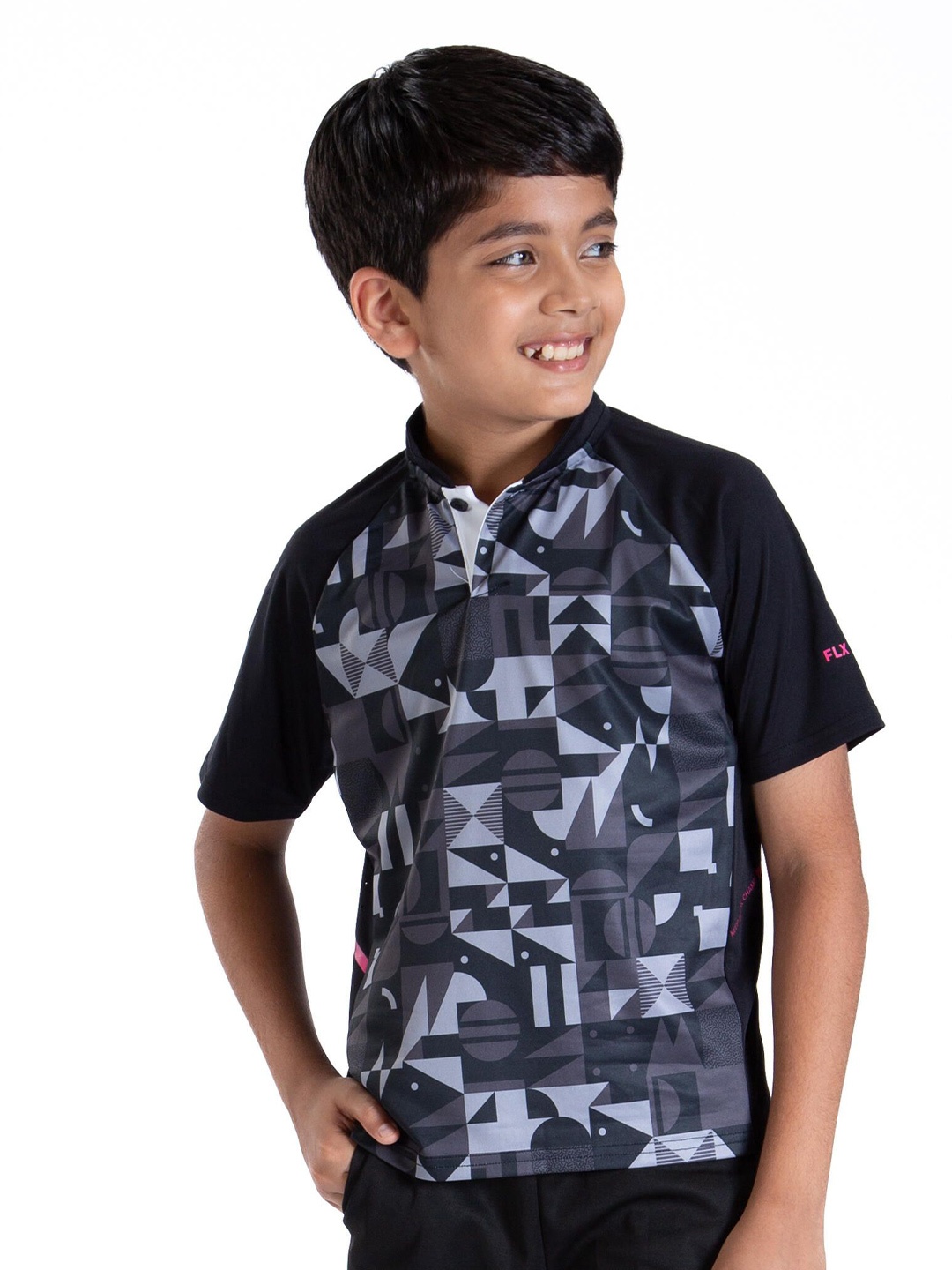 

FLX By Decathlon Boys Geometric Printed Mandarin Collar T-shirt, Black
