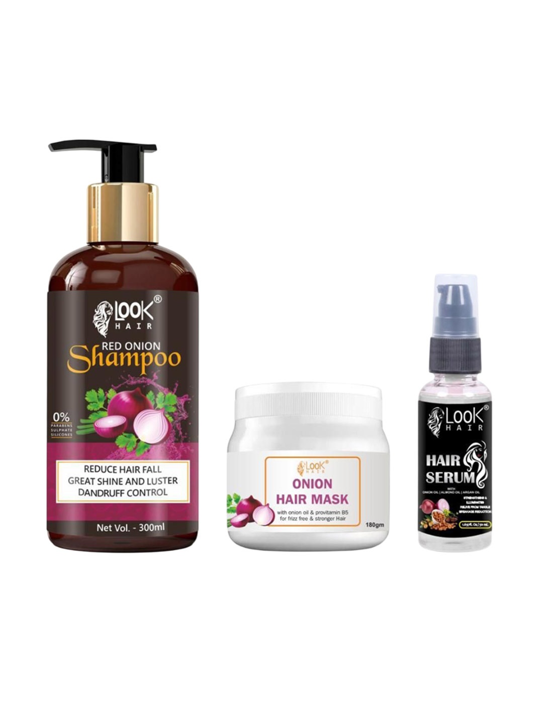 

LOOK HAIR Set Of 3 Onion Hair Mask 180 g - Shampoo - 300 ml & Hair Serum - 50 ml, Red