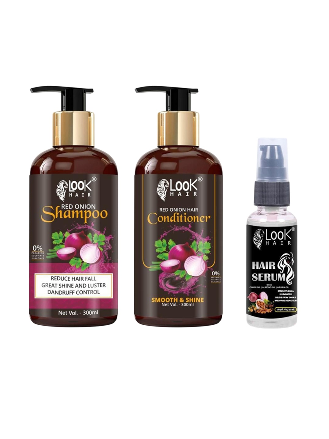 LOOK HAIR Set Of 3 Red Onion Shampoo, Conditioner 300 ml Each & Hair Serum 50 ml