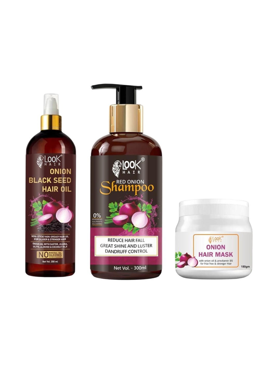 

LOOK Set Of 3 Onion Black Seed Oil -200 ml, Red Onion Shampoo - 300 ml & Hair Mask - 180 g