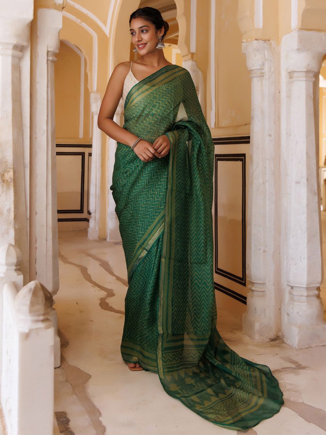 

Geroo Luxe Green Striped Woven Design Zari Pure Silk Kota Saree