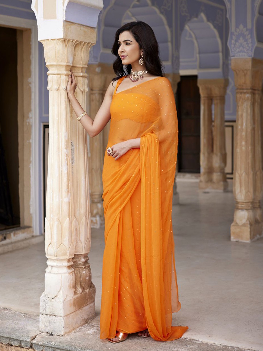 

Geroo Luxe Orange Women Embellished Mukaish Saree
