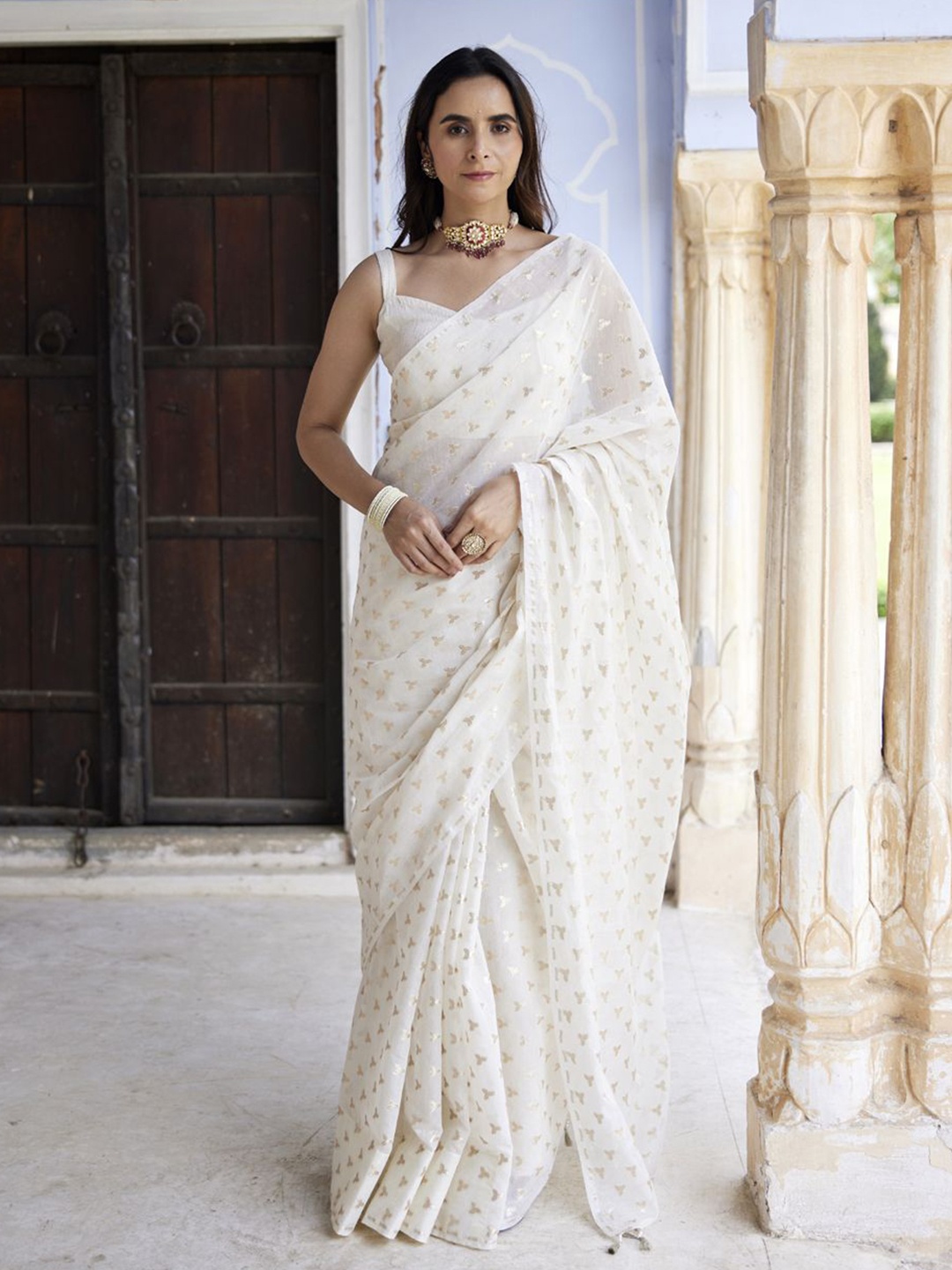 

Geroo Luxe Woven Design Pure Silk Chanderi Saree, White