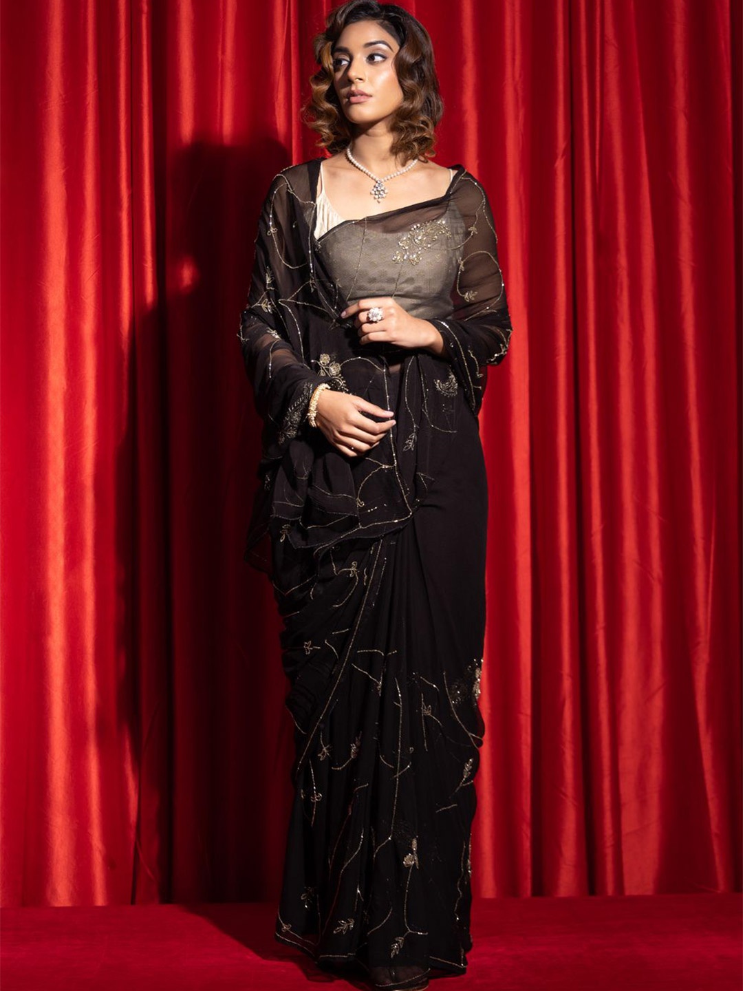 Geroo Luxe Sequinned Embroidered Pure Chiffon Saree, Black