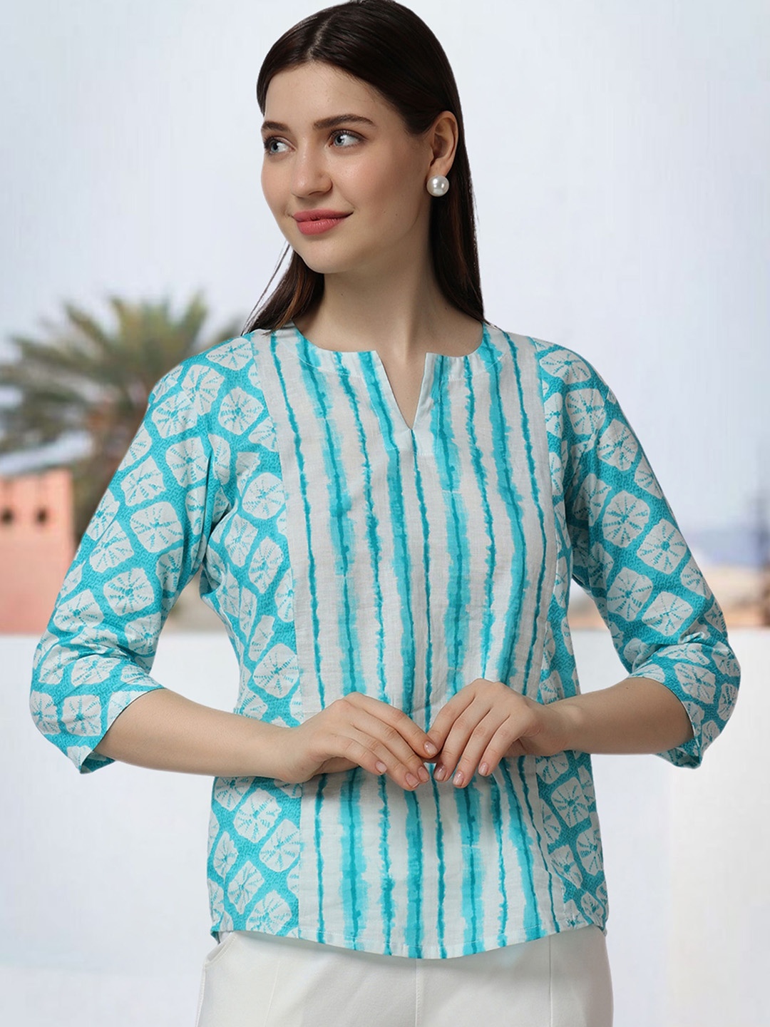 

Popwings Geometric Printed Pure Cotton A-Line Kurti, Blue