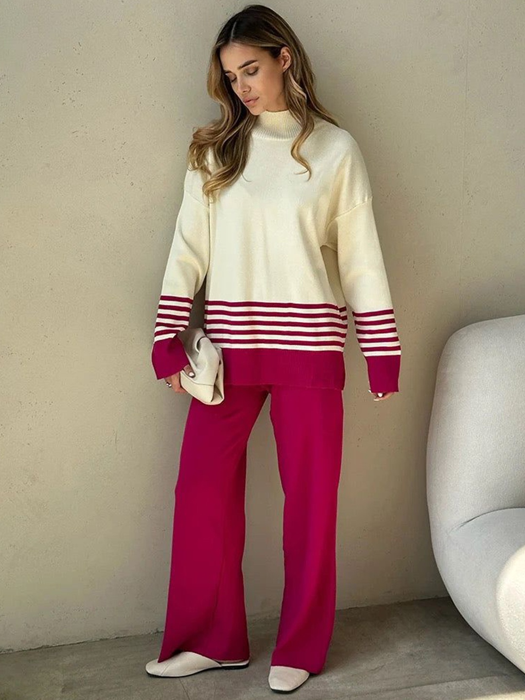 

Alamode By Akanksha Pink Ariana Striped Premium Winter Coord Set - Tracksuit