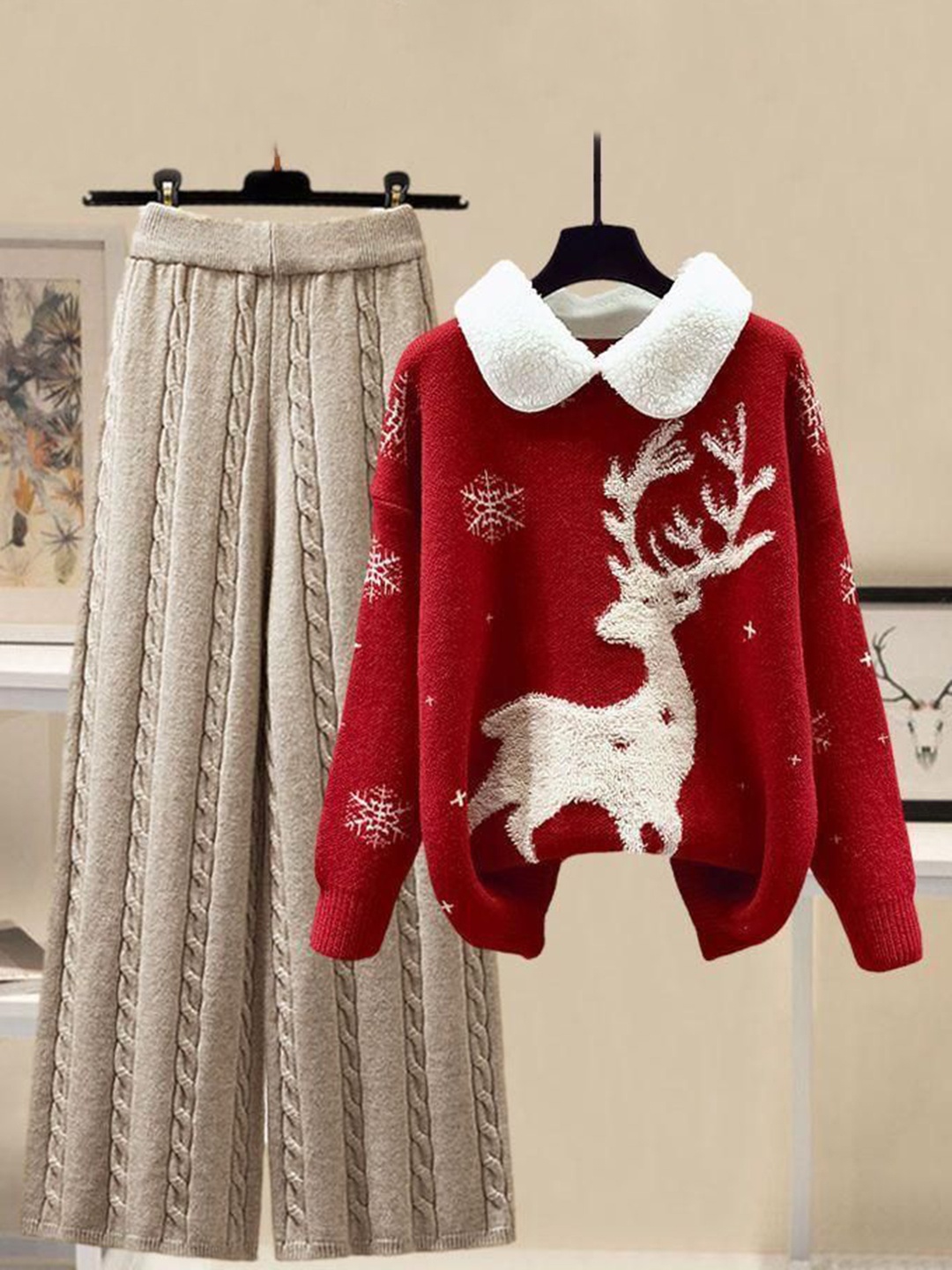 

Alamode By Akanksha Red Reindeer Woolen Coord Set