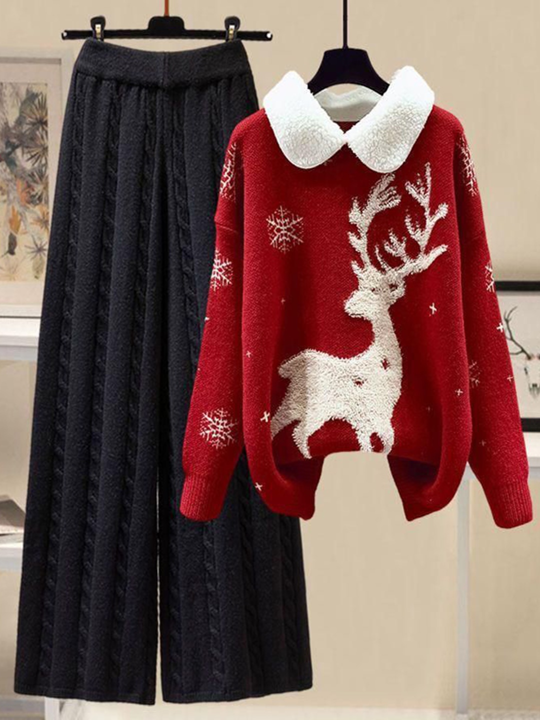 

Alamode By Akanksha Red Reindeer Woolen Coord Set