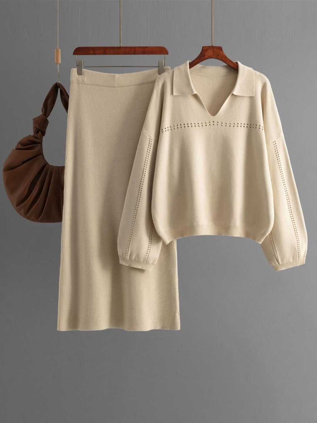 

Alamode By Akanksha Beige Aster Premium Woolen Coord Set - Sweater with Skirt