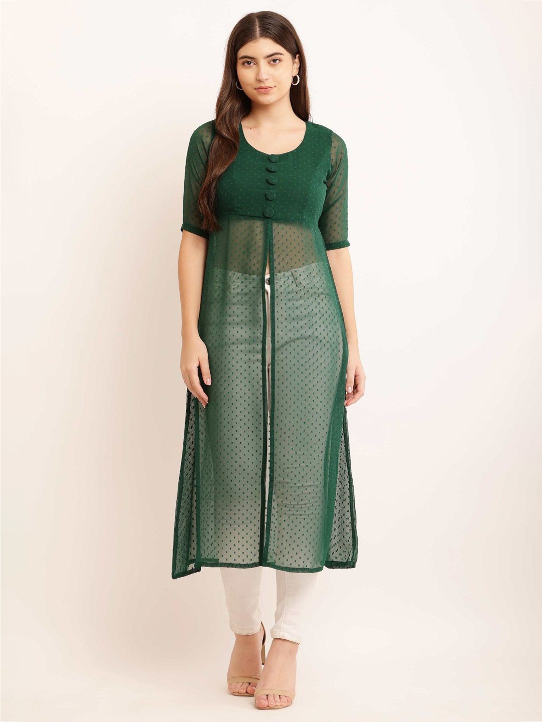 

Sash Women Pure Georgette Front Slit Straight Kurta, Green