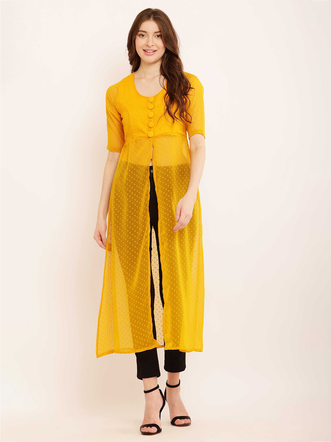 

Sash Women Woven Design A-Line Kurti, Yellow