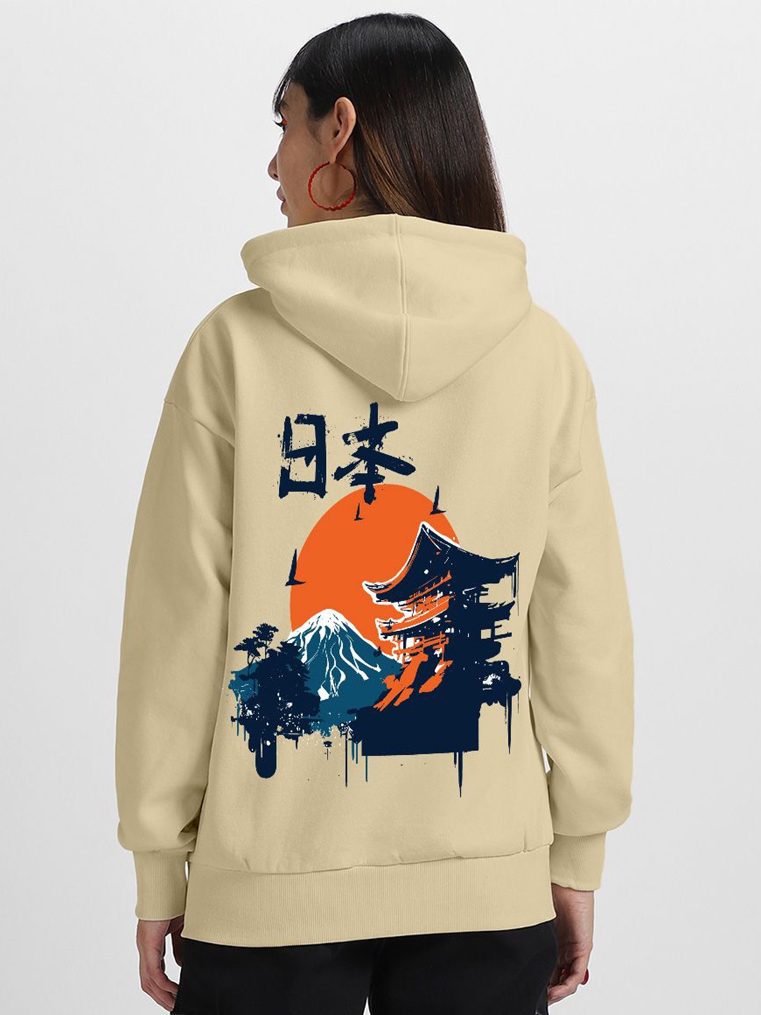 

JUNEBERRY Women Printed Hooded Pullover Sweatshirt, Beige