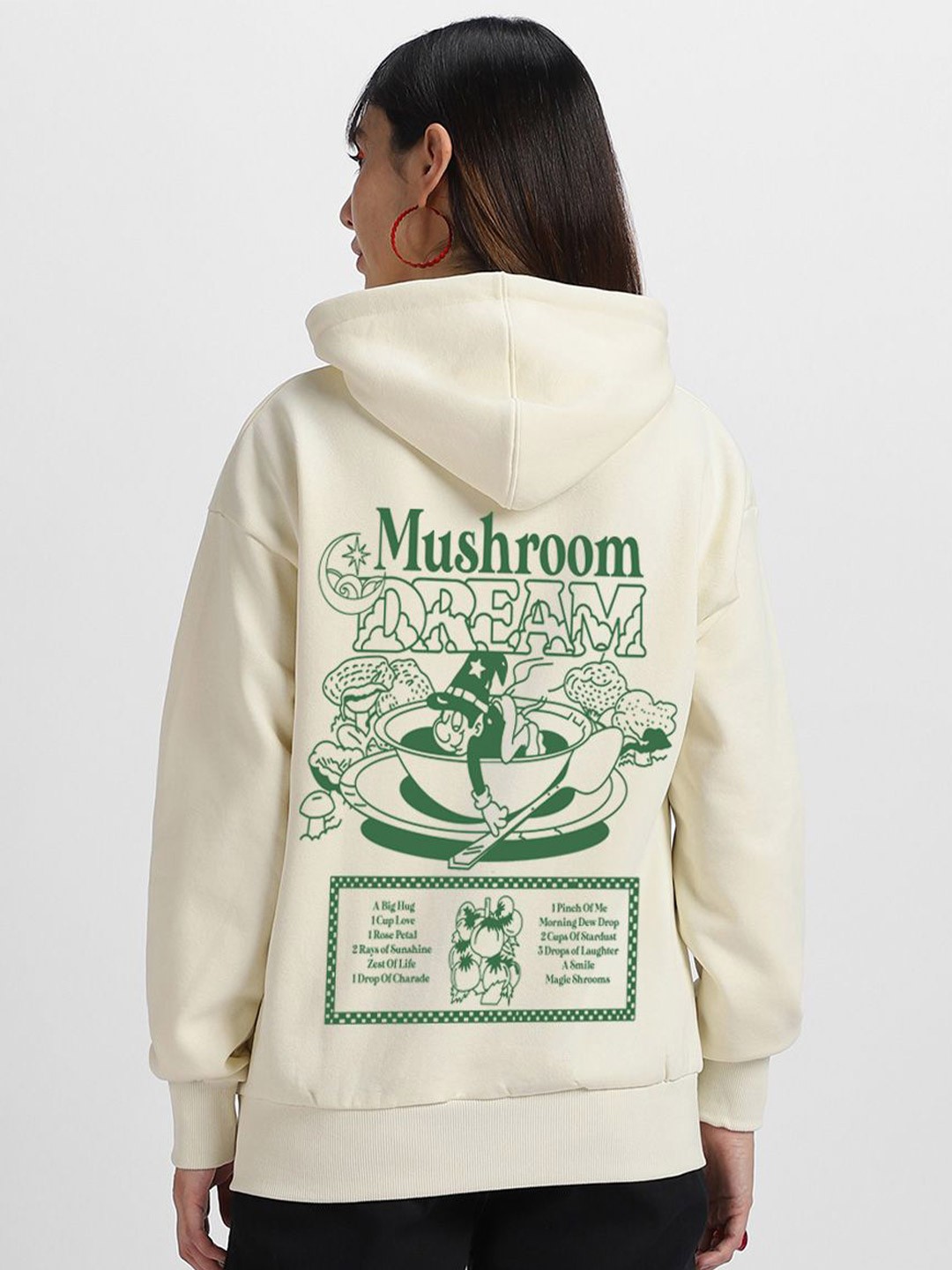 

JUNEBERRY Women Printed Hooded Sweatshirt, Off white
