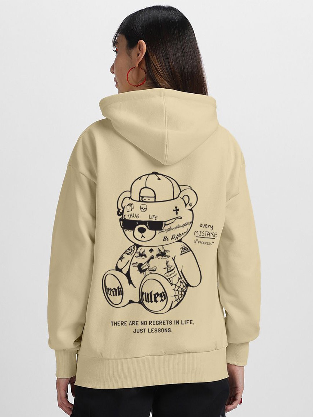 

JUNEBERRY Women Printed Hooded Sweatshirt, Beige