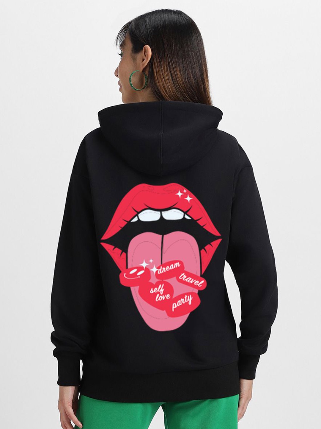 JUNEBERRY Women Printed Hooded Sweatshirt, Black