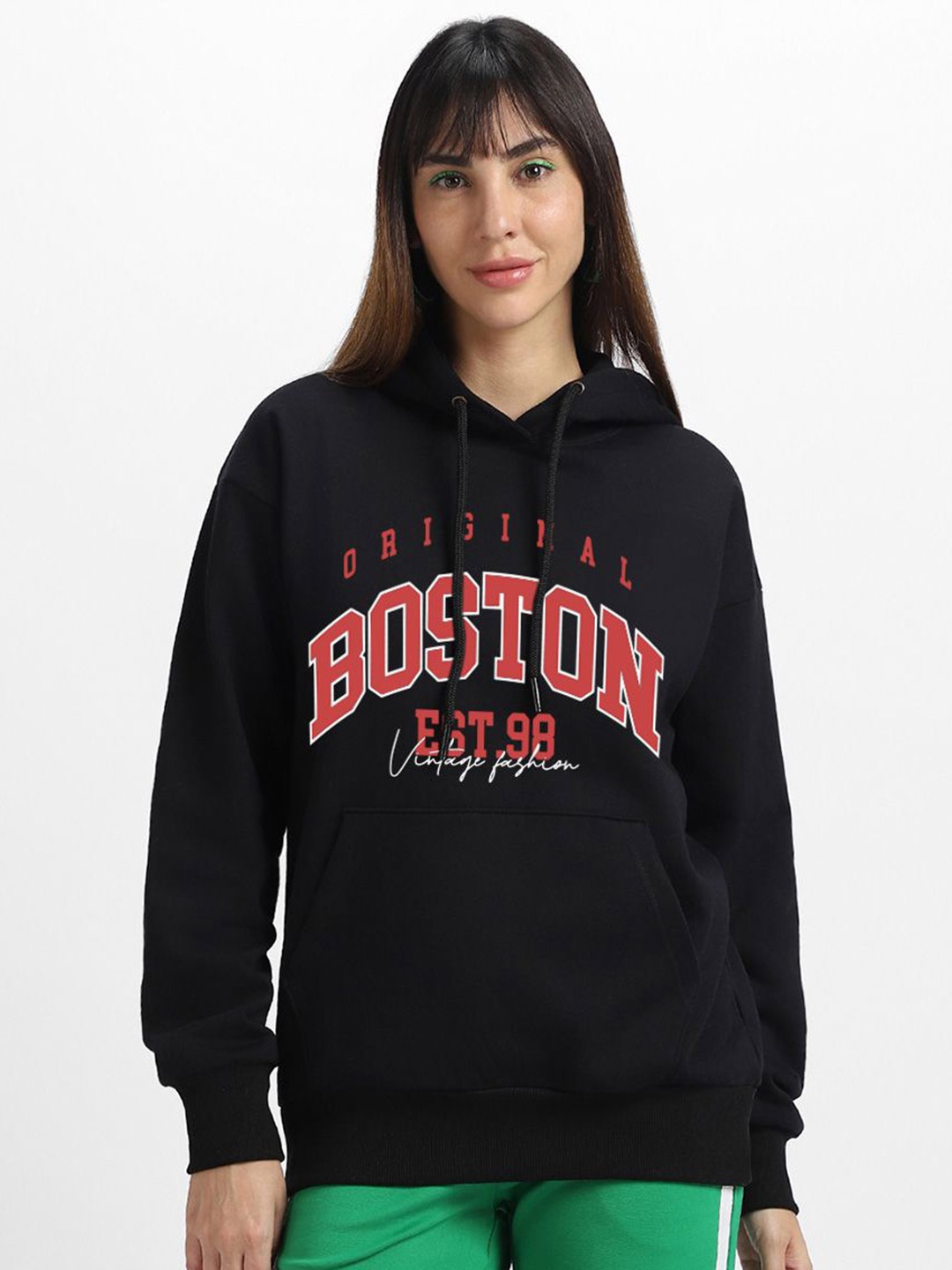 

JUNEBERRY Women Printed Hooded Pullover Sweatshirt, Black