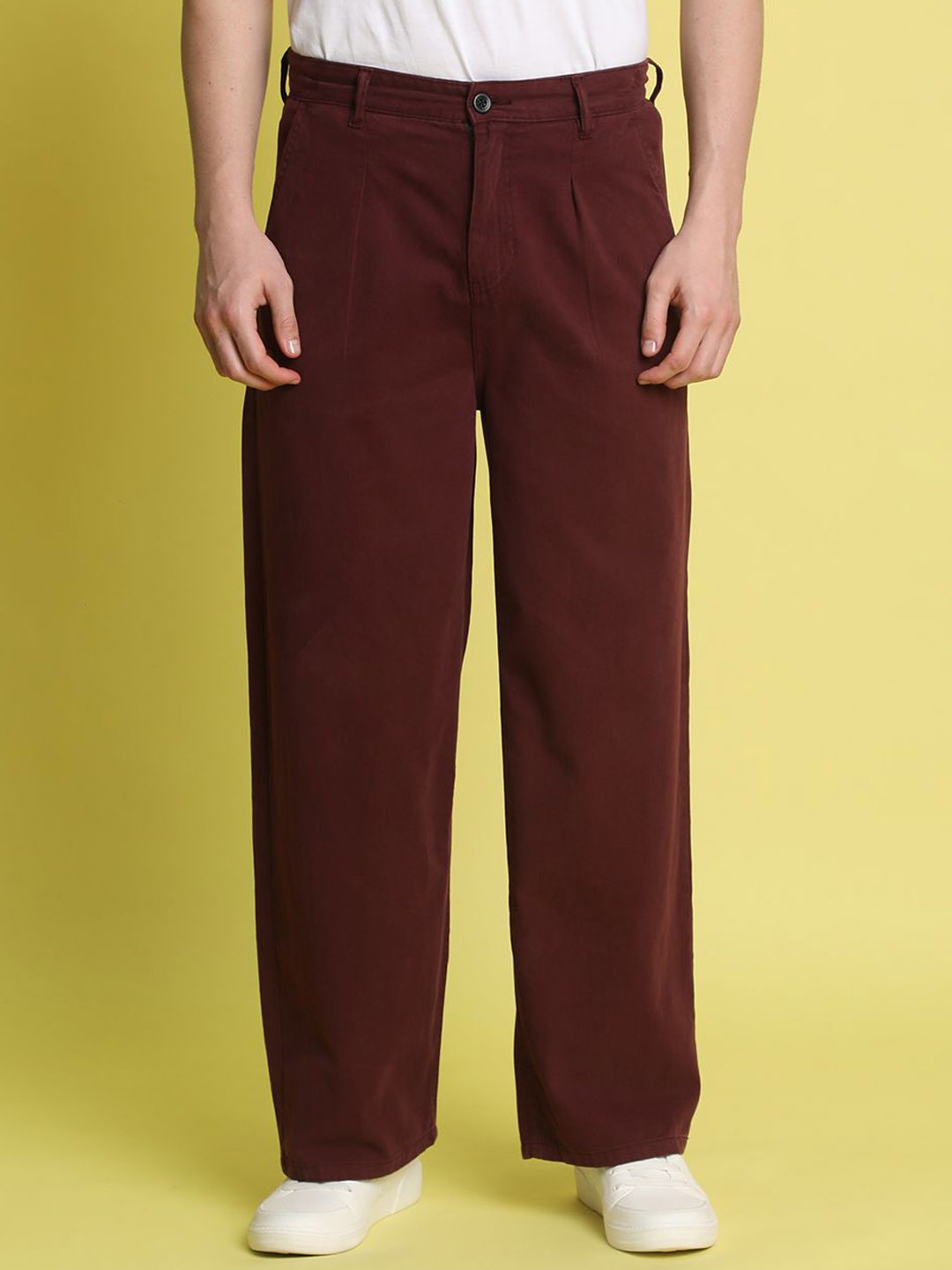 Bene Kleed Men Cotton Baggy Loose Fit Pleated Trousers, Maroon