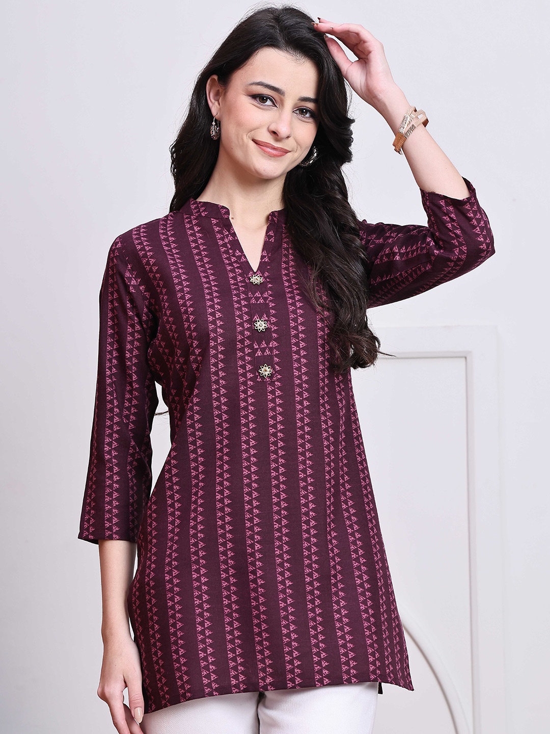 

Roly Poly Women Mandarin Collar Printed Ethnic Tunic, Maroon