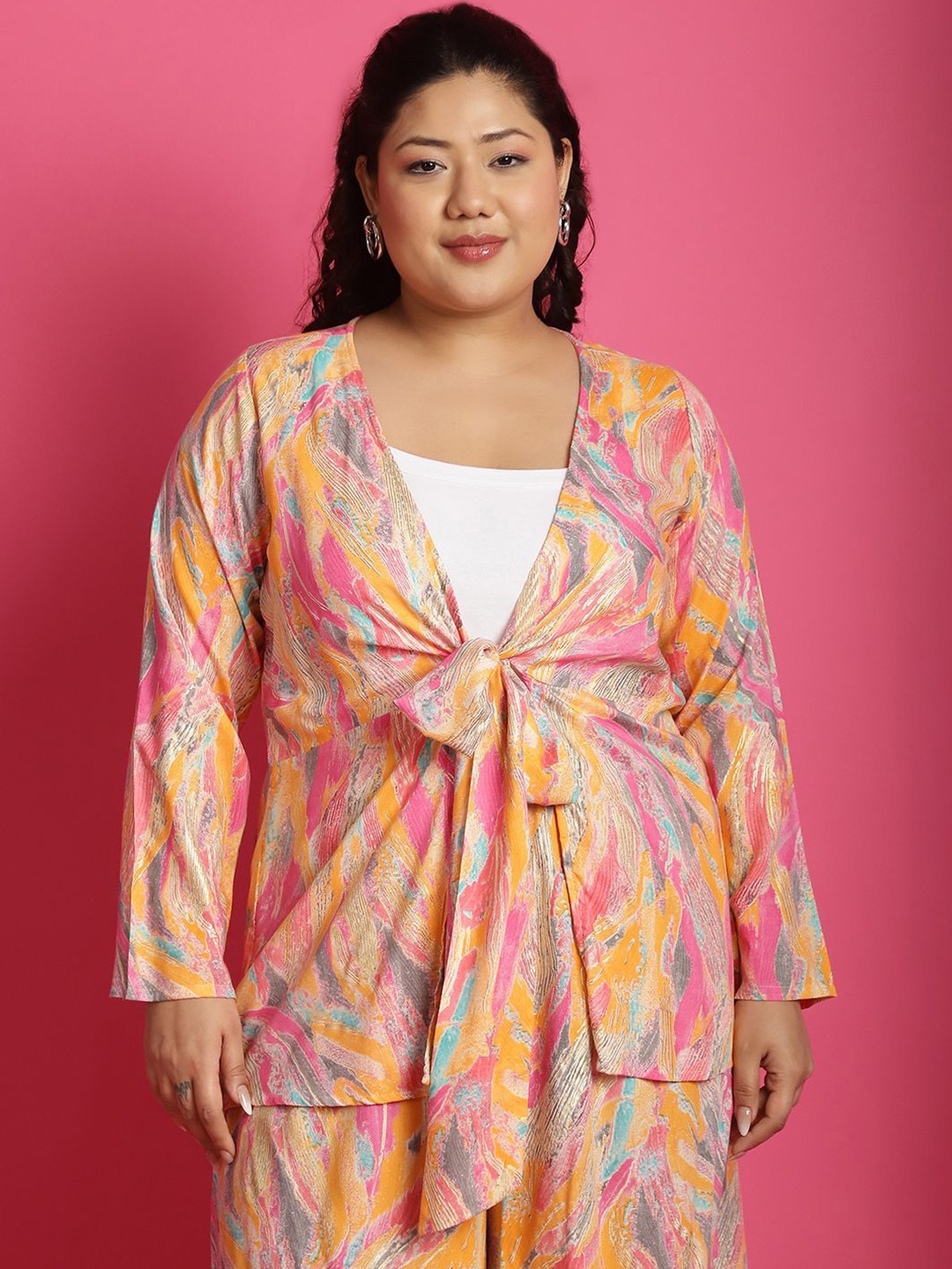 

theRebelinme Plus Size Abstract Printed Tie-Up Shrug, Pink