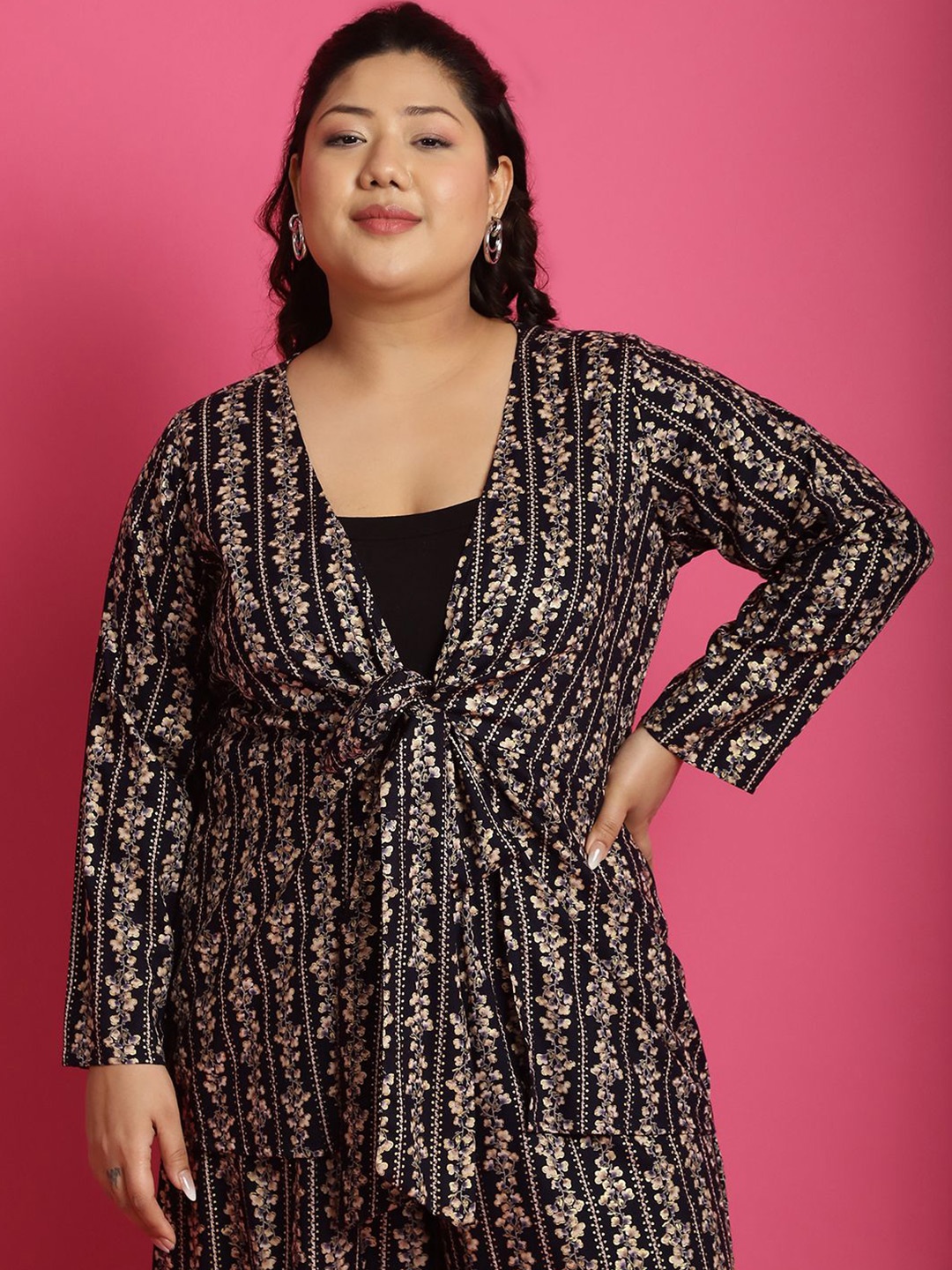 

theRebelinme Plus Size Floral Printed Tie-Up Shrug, Navy blue