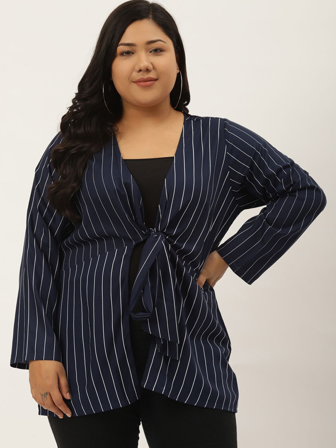 theRebelinme Plus Size Striped Tie-Up Shrug, Navy blue