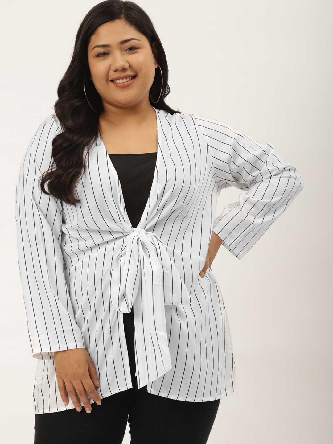 theRebelinme Plus Size Striped Tie-Up Shrug, White