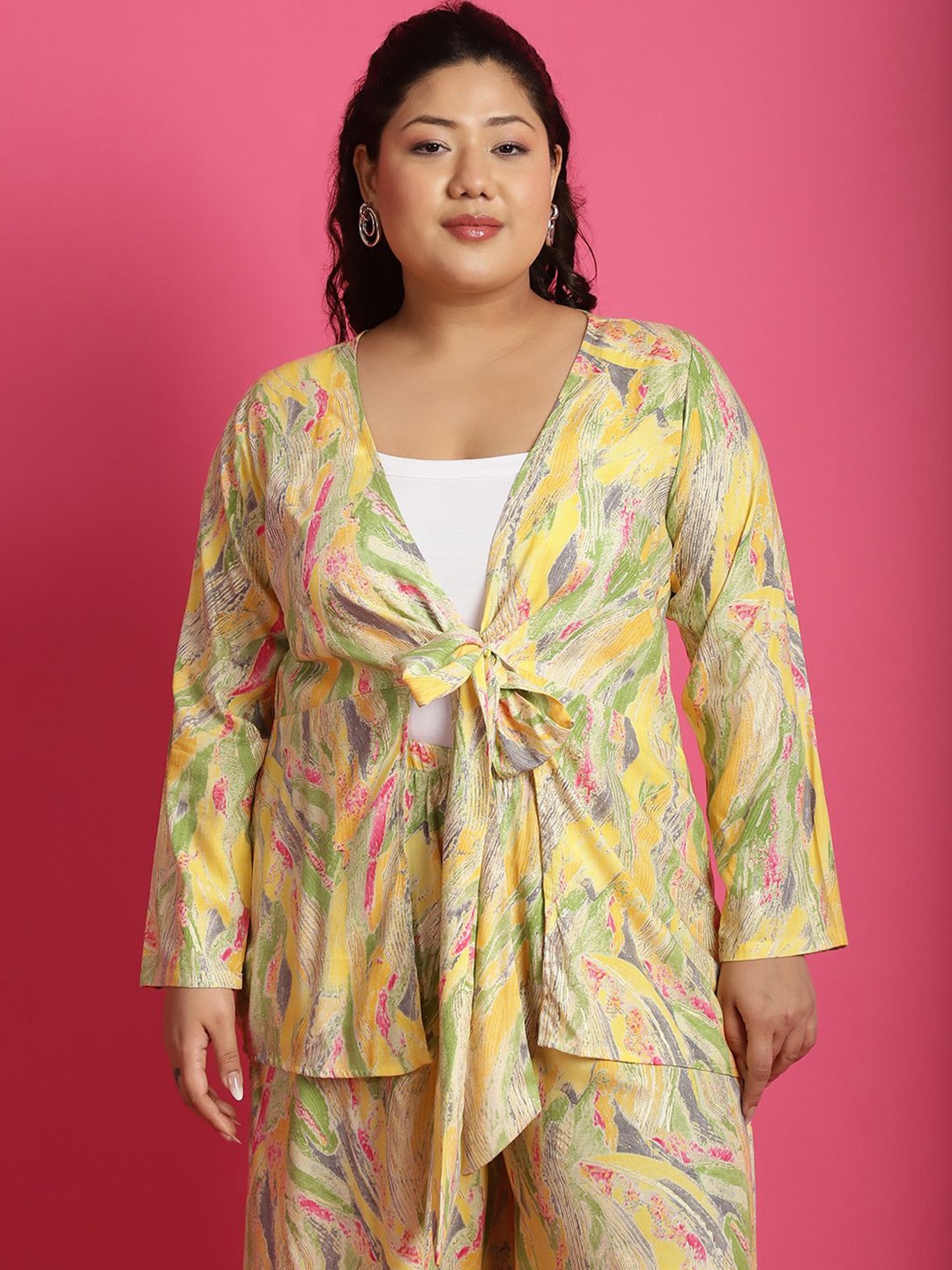 

theRebelinme Plus Size Abstract Printed Tie-Up Shrug, Yellow
