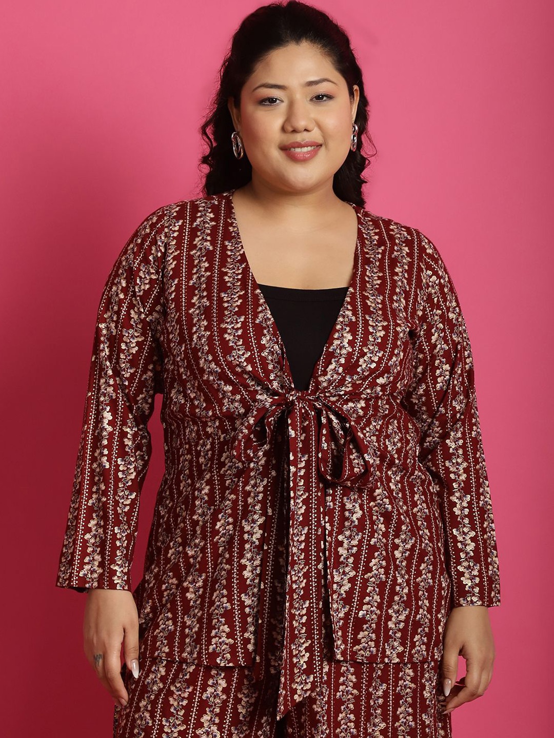 

theRebelinme Plus Size Floral Printed Tie-Up Shrug, Maroon