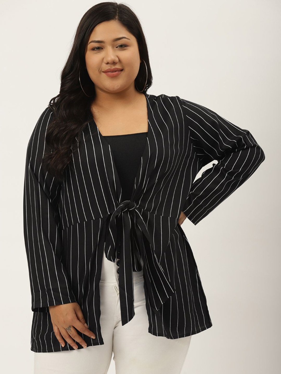

theRebelinme Plus Size Striped Tie-Up Shrug, Black