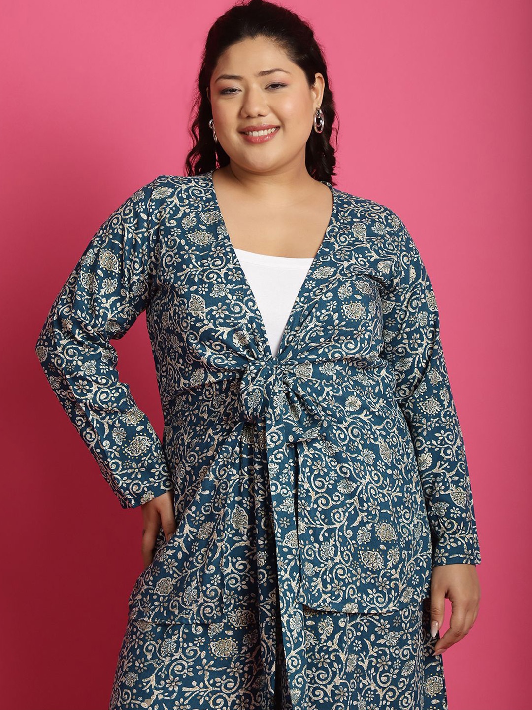 

theRebelinme Plus Size Floral Printed Tie-Up Shrug, Teal